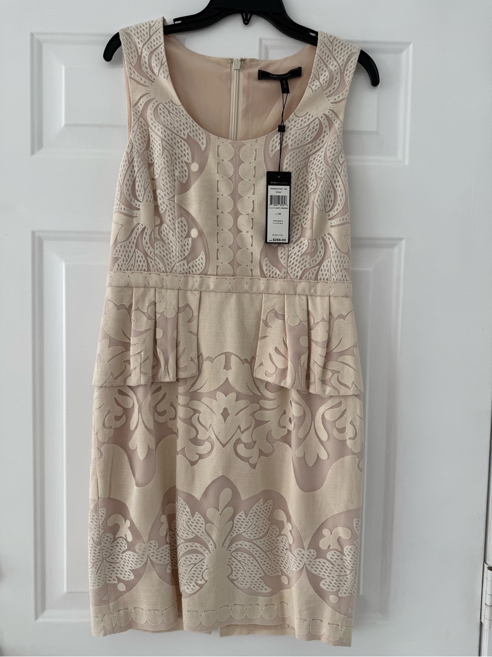 BCBGMaxAzria Ivory and Blush Peplum Jacquard Dress